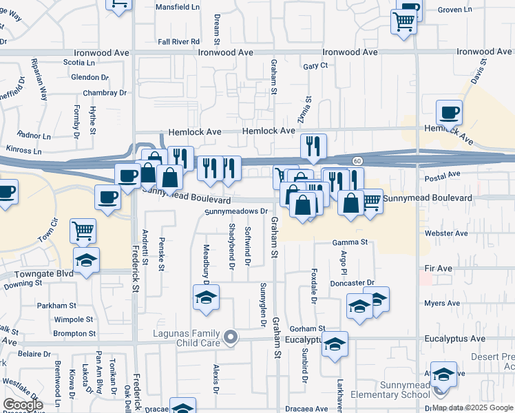 map of restaurants, bars, coffee shops, grocery stores, and more near 12553 Sunnymeadows Drive in Moreno Valley