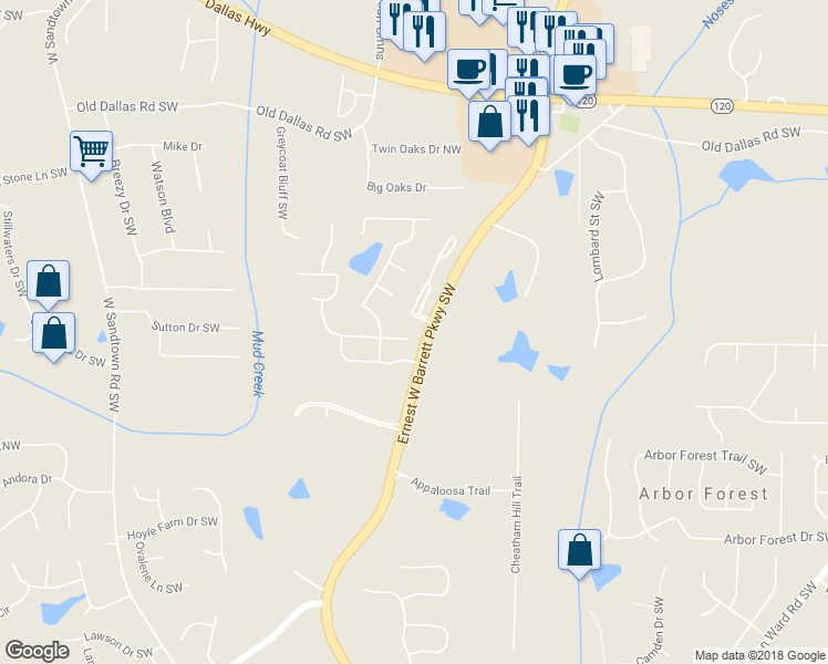map of restaurants, bars, coffee shops, grocery stores, and more near 2604 Alexander Farms Way in Marietta