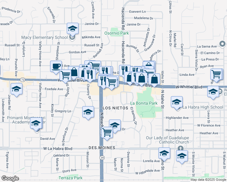 map of restaurants, bars, coffee shops, grocery stores, and more near 1800 West Whittier Boulevard in La Habra