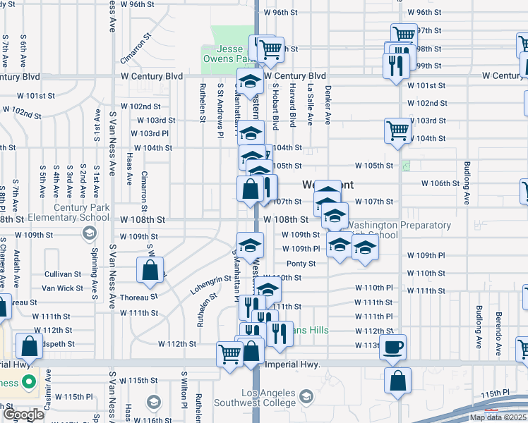 map of restaurants, bars, coffee shops, grocery stores, and more near 1736 West 107th Street in Los Angeles