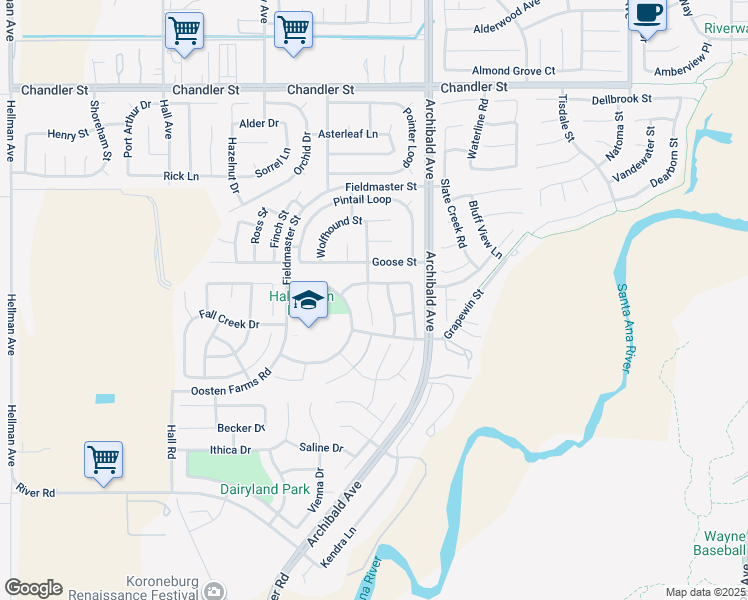 map of restaurants, bars, coffee shops, grocery stores, and more near 8238 Gamebird Street in Eastvale