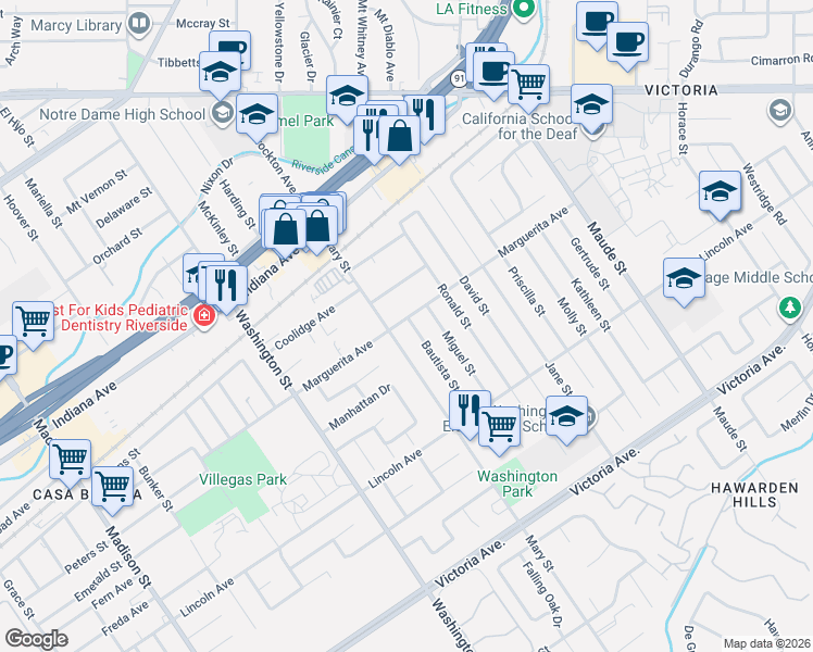 map of restaurants, bars, coffee shops, grocery stores, and more near 6859 Marguerita Avenue in Riverside