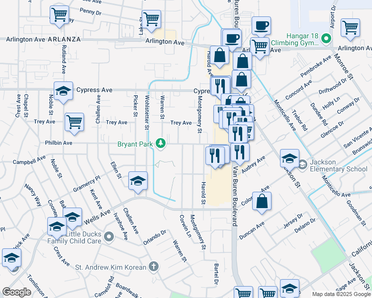 map of restaurants, bars, coffee shops, grocery stores, and more near 7721 Philbin Avenue in Riverside
