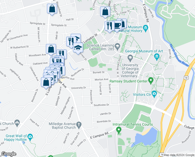 map of restaurants, bars, coffee shops, grocery stores, and more near 365 Morton Avenue in Athens