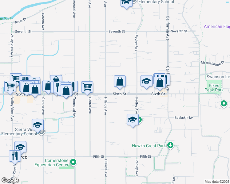 map of restaurants, bars, coffee shops, grocery stores, and more near 633 Sixth Street in Norco