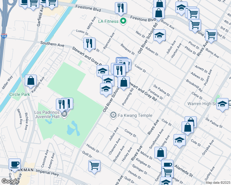 map of restaurants, bars, coffee shops, grocery stores, and more near 11995 Old River School Road in Downey