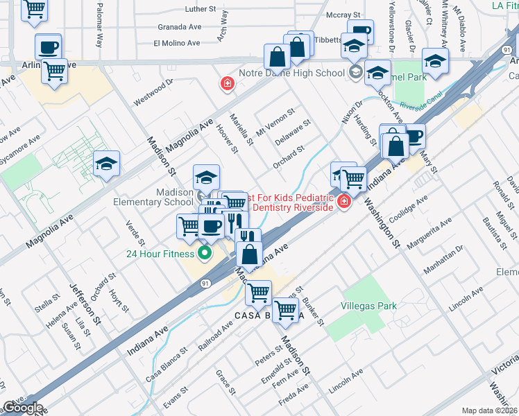map of restaurants, bars, coffee shops, grocery stores, and more near 7334 Garden Street in Riverside