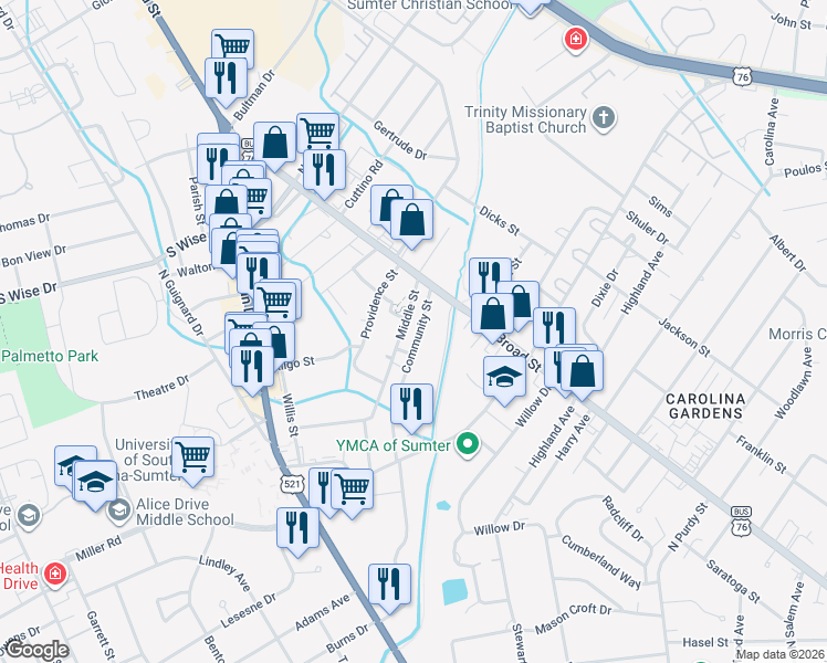 map of restaurants, bars, coffee shops, grocery stores, and more near 21 Middle Street in Sumter