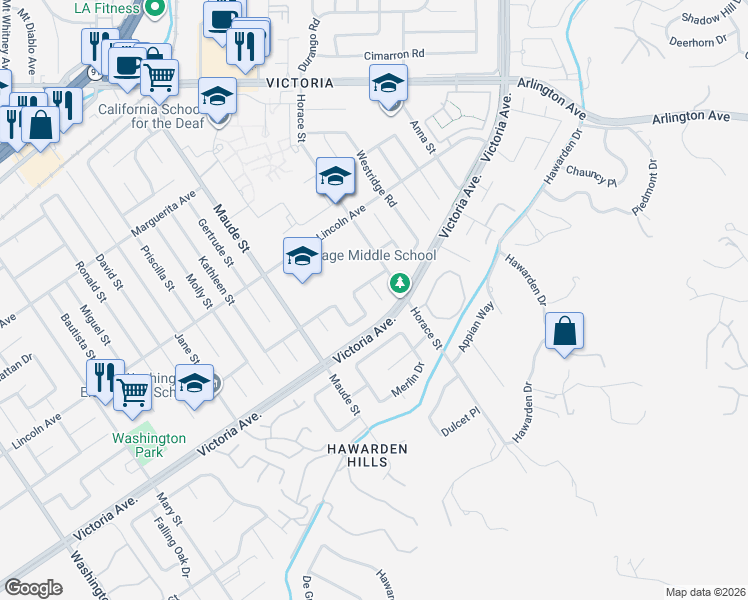 map of restaurants, bars, coffee shops, grocery stores, and more near 2740 Lexington Place in Riverside