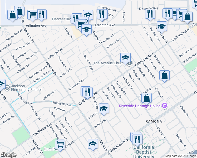 map of restaurants, bars, coffee shops, grocery stores, and more near 8441 Monteel Place in Riverside