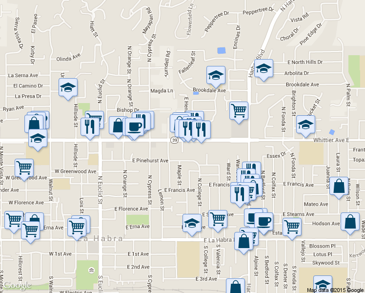 map of restaurants, bars, coffee shops, grocery stores, and more near 778 Maple Street in La Habra