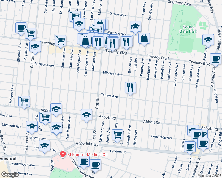 map of restaurants, bars, coffee shops, grocery stores, and more near 10312 McNerney Avenue in South Gate