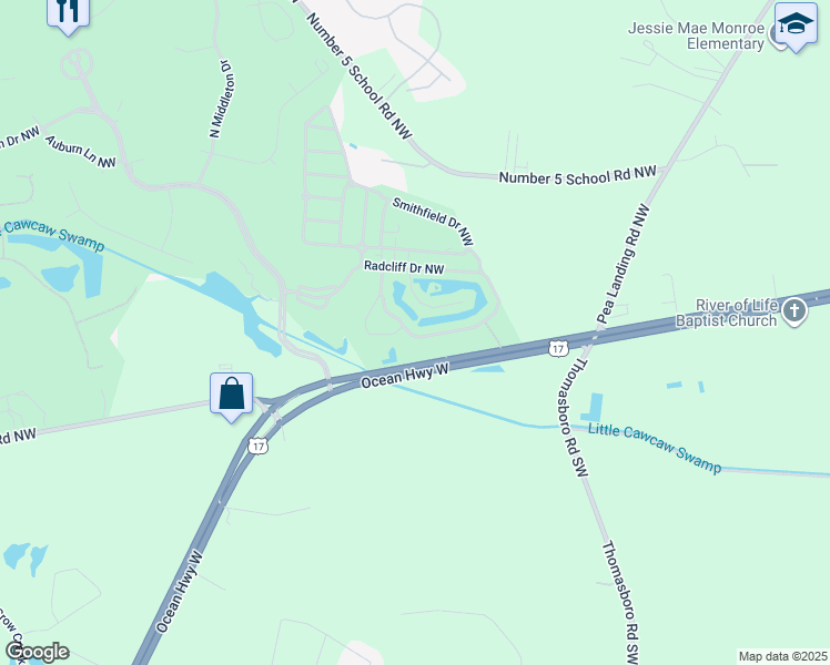 map of restaurants, bars, coffee shops, grocery stores, and more near 8697 Radcliff Drive Northwest in Calabash