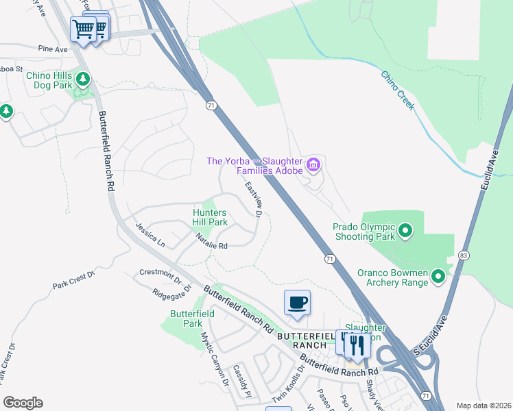 map of restaurants, bars, coffee shops, grocery stores, and more near 17328 East View Drive in Chino Hills