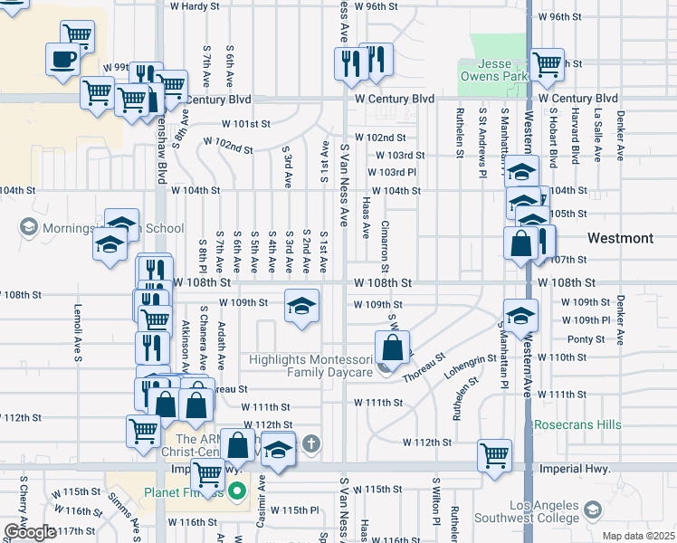 map of restaurants, bars, coffee shops, grocery stores, and more near 10713 South Van Ness Avenue in Inglewood