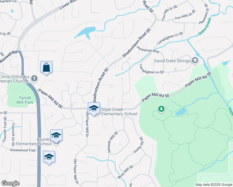 map of restaurants, bars, coffee shops, grocery stores, and more near 512 Reston Mill Lane Southeast in Marietta