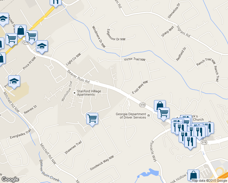 map of restaurants, bars, coffee shops, grocery stores, and more near 2331 Beaver Ruin Road in Norcross