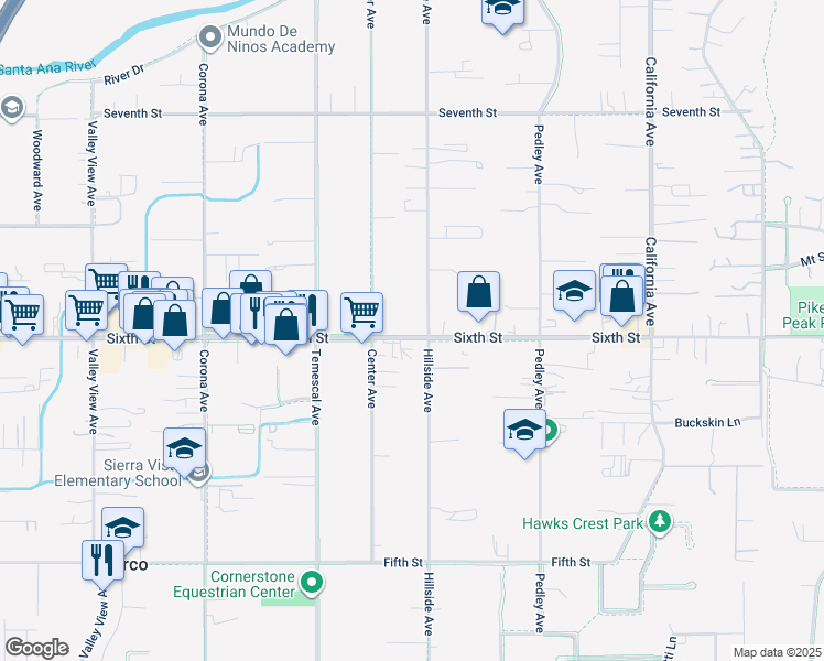 map of restaurants, bars, coffee shops, grocery stores, and more near 3902 Hillside Avenue in Norco