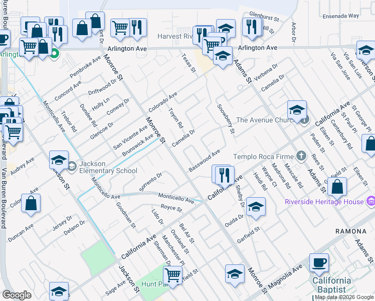 map of restaurants, bars, coffee shops, grocery stores, and more near 38 Toyon Road in Riverside