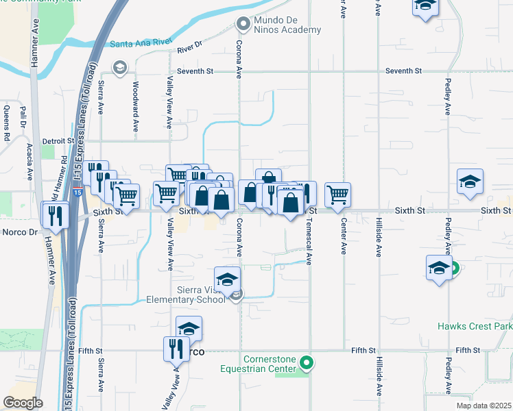 map of restaurants, bars, coffee shops, grocery stores, and more near 1053 Sixth Street in Norco