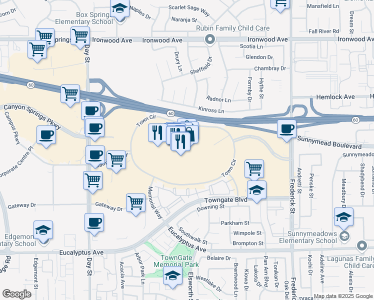 map of restaurants, bars, coffee shops, grocery stores, and more near 22500 Town Circle in Moreno Valley