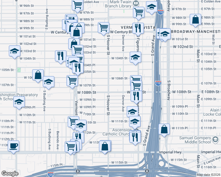 map of restaurants, bars, coffee shops, grocery stores, and more near 10712 South Hoover Street in Los Angeles