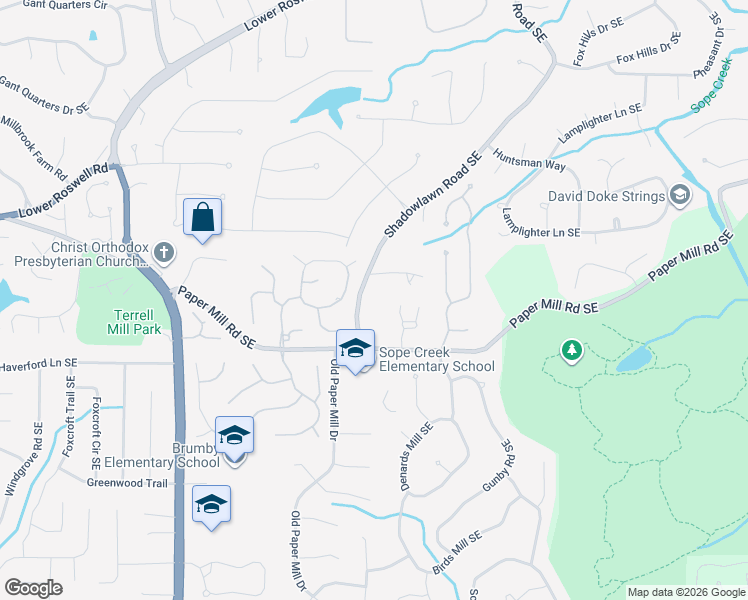 map of restaurants, bars, coffee shops, grocery stores, and more near 475 Shadowlawn Road Southeast in Marietta