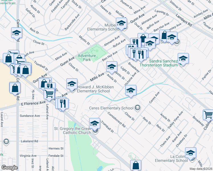 map of restaurants, bars, coffee shops, grocery stores, and more near 14052 Reis Street in Whittier