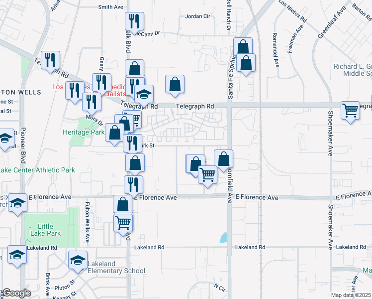 map of restaurants, bars, coffee shops, grocery stores, and more near 12410 Clark Street in Santa Fe Springs
