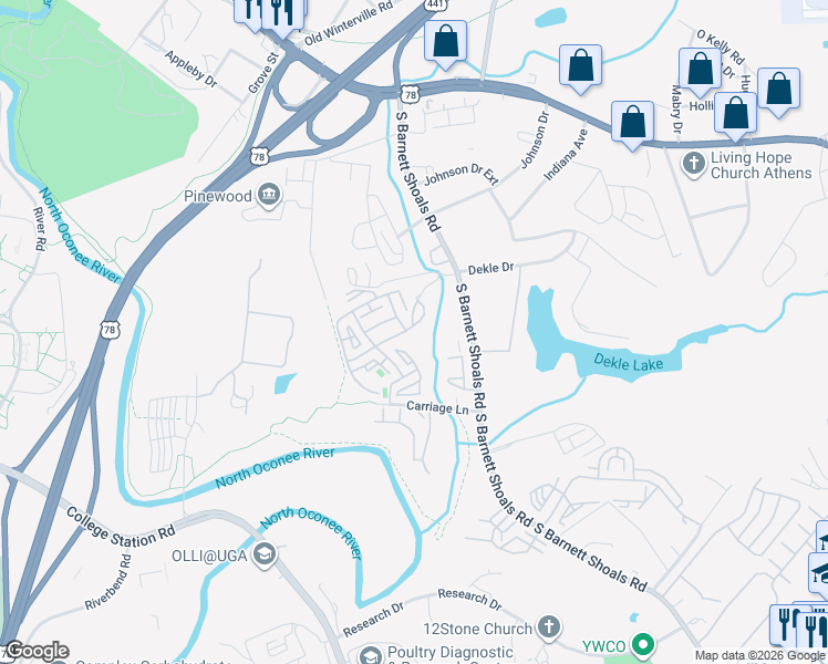 map of restaurants, bars, coffee shops, grocery stores, and more near 490 South Barnett Shoals Road in Athens