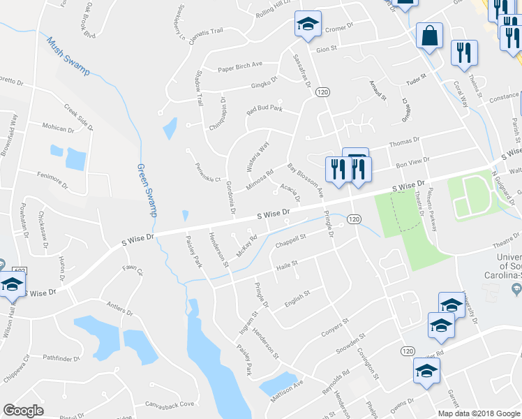 map of restaurants, bars, coffee shops, grocery stores, and more near 555 South Wise Drive in Sumter