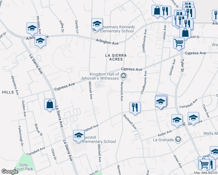 map of restaurants, bars, coffee shops, grocery stores, and more near 5824 Persepolis Court in Riverside