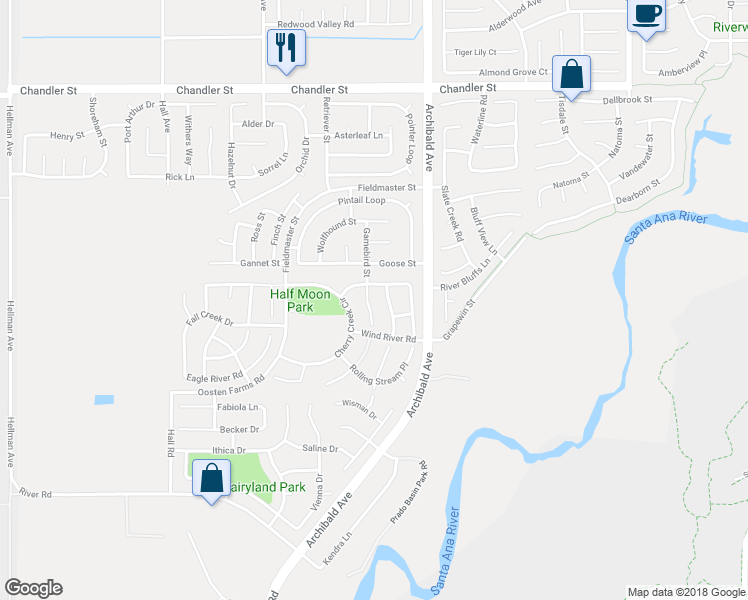 map of restaurants, bars, coffee shops, grocery stores, and more near 8238 Gamebird Street in Corona