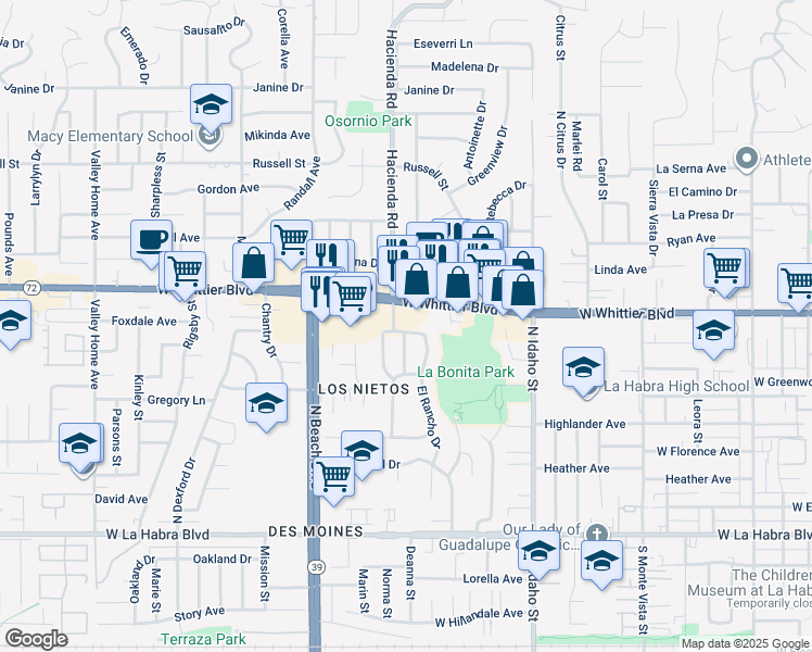 map of restaurants, bars, coffee shops, grocery stores, and more near 1631 El Rancho Drive in La Habra