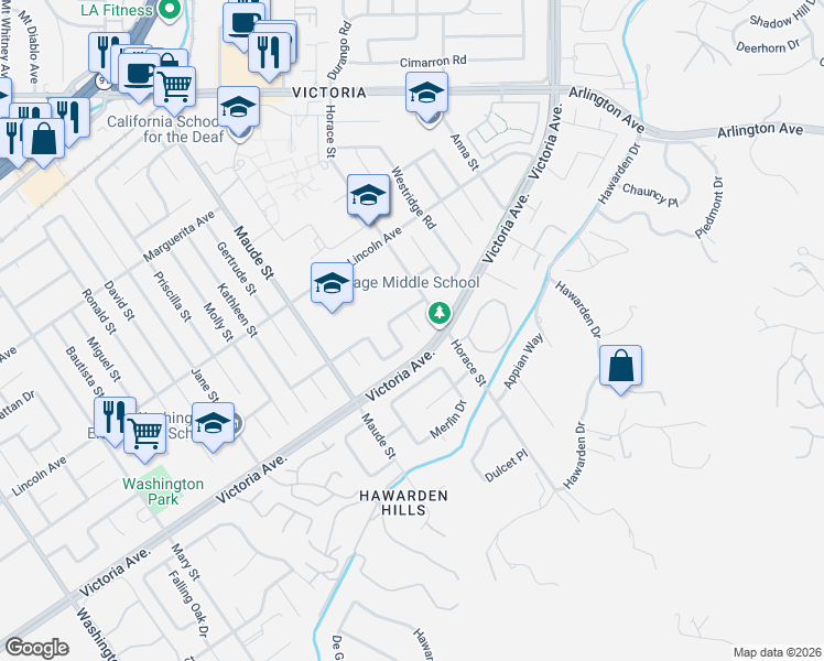 map of restaurants, bars, coffee shops, grocery stores, and more near 2740 Lexington Place in Riverside