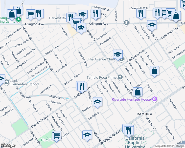 map of restaurants, bars, coffee shops, grocery stores, and more near 8441 Monteel Place in Riverside