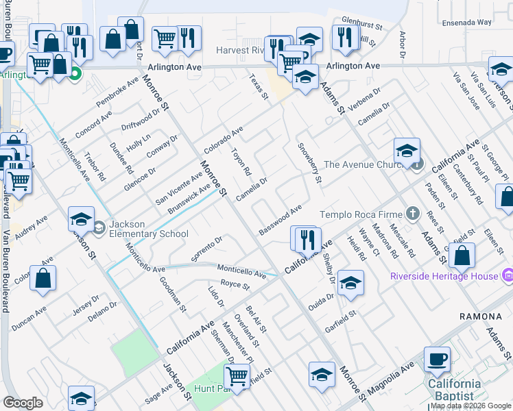 map of restaurants, bars, coffee shops, grocery stores, and more near 38 Toyon Road in Riverside