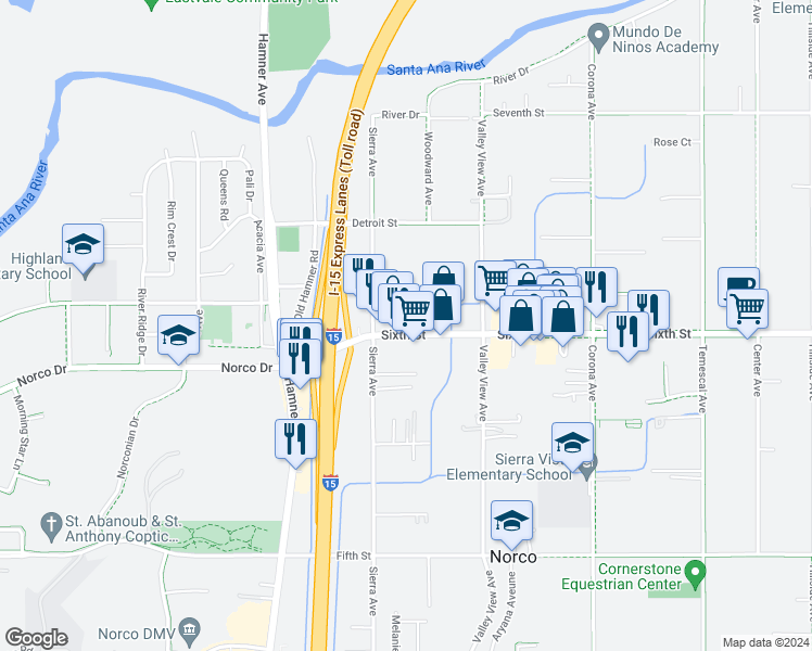 map of restaurants, bars, coffee shops, grocery stores, and more near 1473 Sixth Street in Norco