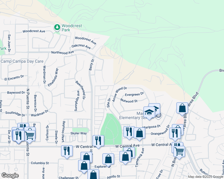 map of restaurants, bars, coffee shops, grocery stores, and more near 1327 Arrow Wood Drive in Brea