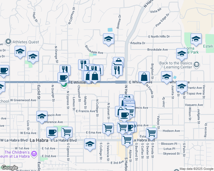 map of restaurants, bars, coffee shops, grocery stores, and more near 950 State Route 39 in La Habra