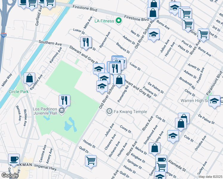 map of restaurants, bars, coffee shops, grocery stores, and more near 7564 Nada Street in Downey