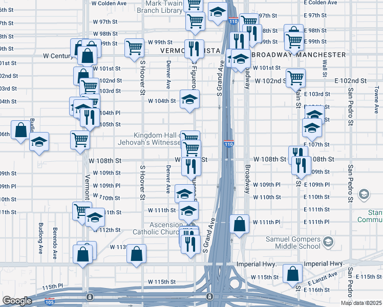 map of restaurants, bars, coffee shops, grocery stores, and more near 442 West 107th Street in Los Angeles