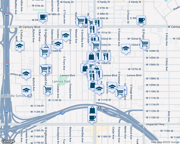 map of restaurants, bars, coffee shops, grocery stores, and more near 10709 Hawthorne Boulevard in Lennox
