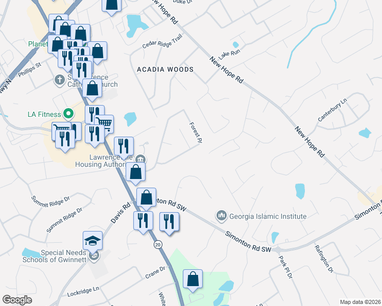 map of restaurants, bars, coffee shops, grocery stores, and more near 574 Timber Ridge Court in Lawrenceville