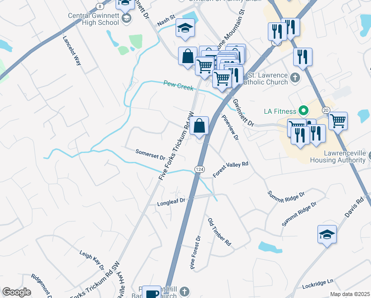 map of restaurants, bars, coffee shops, grocery stores, and more near 320 Sprucewood Court in Lawrenceville