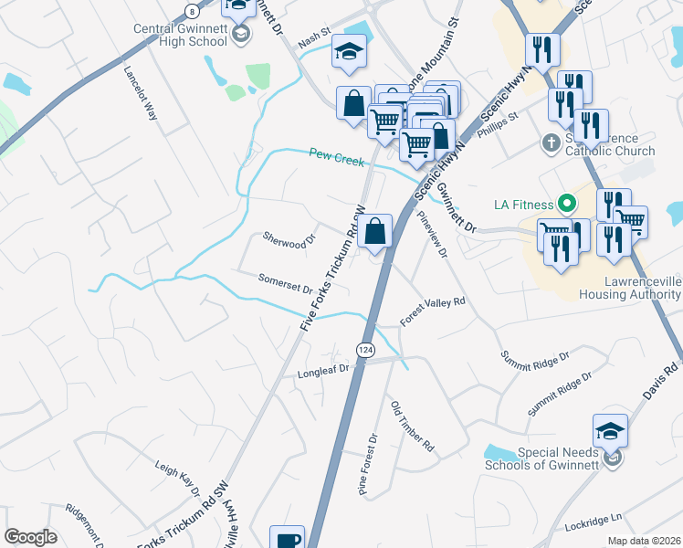 map of restaurants, bars, coffee shops, grocery stores, and more near 320 Sprucewood Court in Lawrenceville