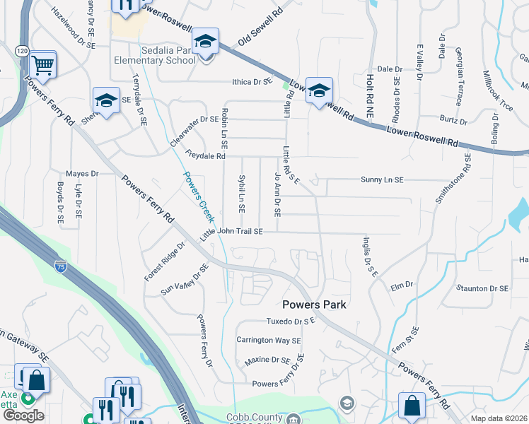 map of restaurants, bars, coffee shops, grocery stores, and more near 530 Pine Ridge Trail Southeast in Marietta