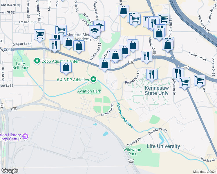 map of restaurants, bars, coffee shops, grocery stores, and more near 950 Hudson Road Southeast in Marietta