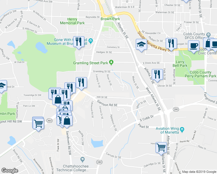 map of restaurants, bars, coffee shops, grocery stores, and more near 555 Bolan Street Southeast in Marietta