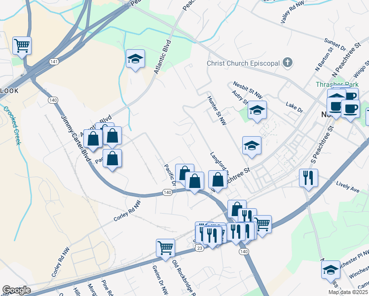 map of restaurants, bars, coffee shops, grocery stores, and more near 2830 Peterson Place Northwest in Norcross
